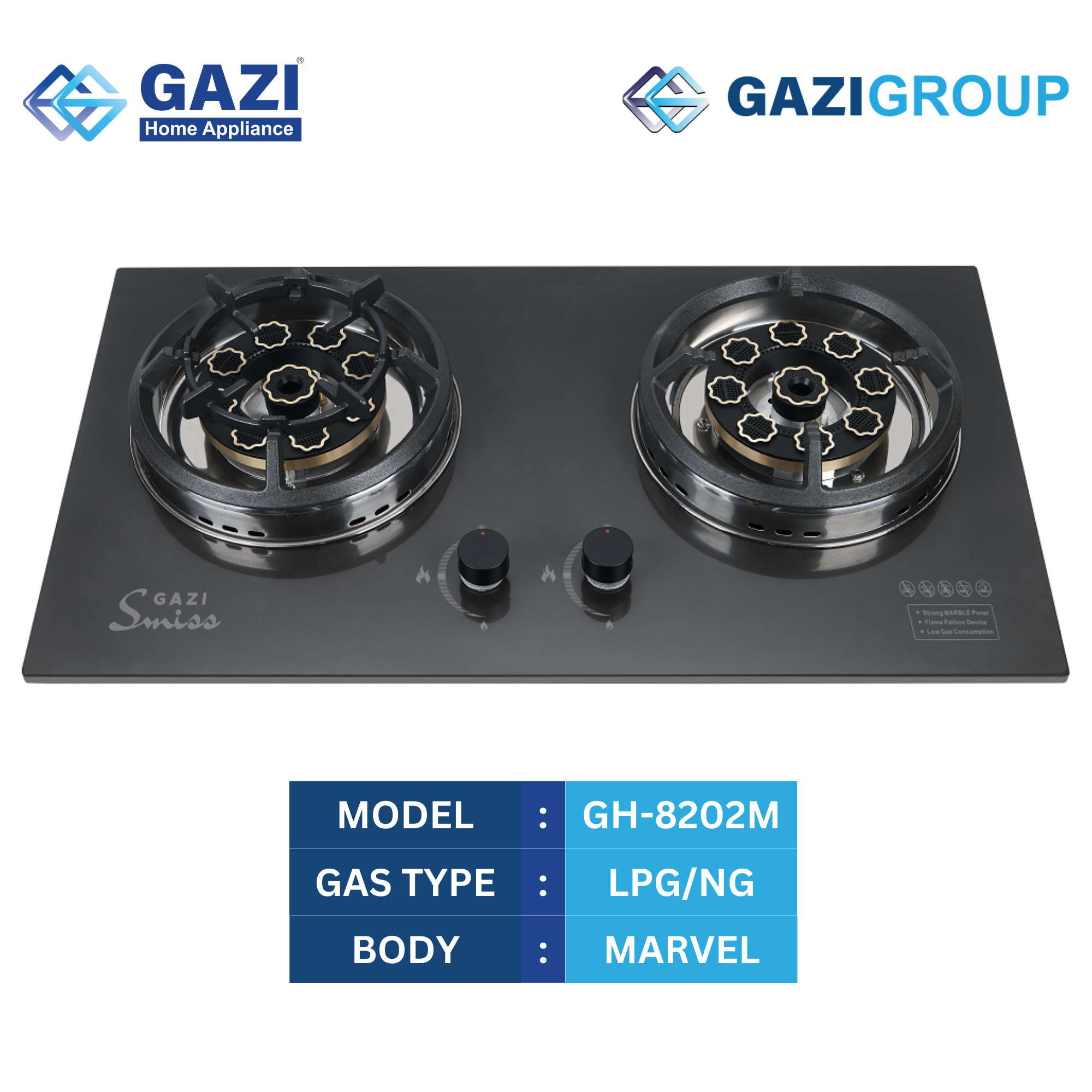 GH-8202M -Gazi Smiss Marble Body-With FFD(Flame Failure Device) Brass Burner Gas Stove -NG OR LPG Double Burner