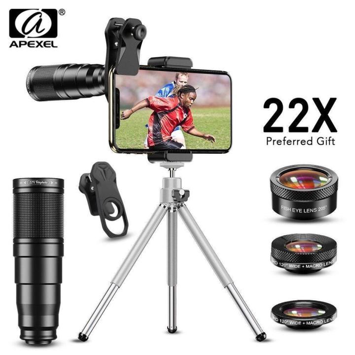 APEXEL New 4in1 22X Telescope Zoom Lens Macro Wide Fisheye Lens HD Phone Camera Lens Kit  with Remote Tripod for  IPhone Samsung