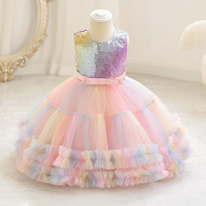 Girls Luxury Rainbow Sequined Evening Princess Dresses Teenagers  10 12 Years Baby Spanish Tulle Birthday Party Clothes