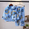 New Kids Boys Girls Autumn Winter Keep Warm Flannel Pajama Sets Cartoon Long Sleeve Lapel Tops with Pants Sleeping Clothing Sets. 