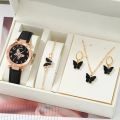 Women Luxury Watch Ring Necklace Earrings Rhinestone Butterfly Fashion Wristwatch Female Casual Ladies Watches Set Clock.