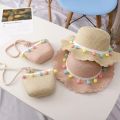 Kids Girls Large Wide Brim Straw Woven Sun Protection Beach Hat Colorful Pompom Ball Summer Floppy Bucket Cap Portable Handbag. 