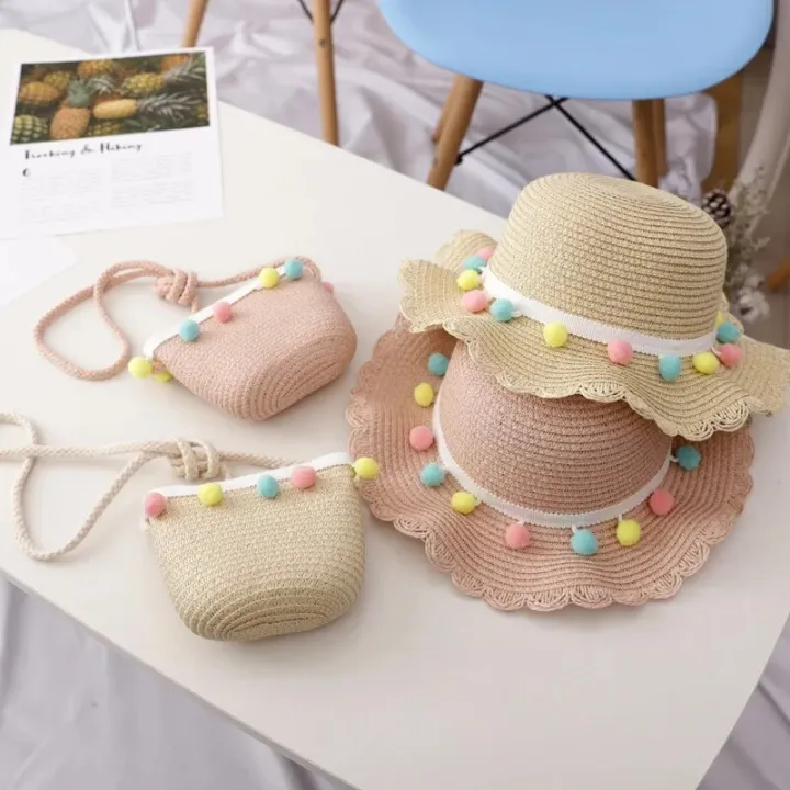 Kids%20Girls%20Large%20Wide%20Brim%20Straw%20Woven%20Sun%20Protection%20Beach%20Hat%20Colorful%20Pompom%20Ball%20Summer%20Floppy%20Bucket%20Cap%20Portable%20Handbag%20-%20Image%202