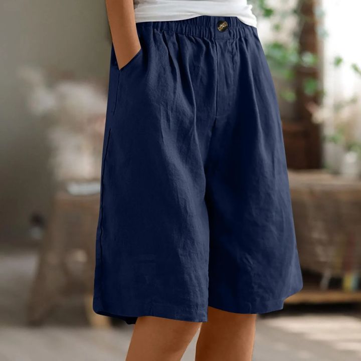 Fashion%20Solid%20Color%20Pants%20Pocket%20Button%20Up%20Capris%20Elastic%20Waist%20Loose%20Cotton%20Linen%20Women's%20Shorts%20-%20Image%206