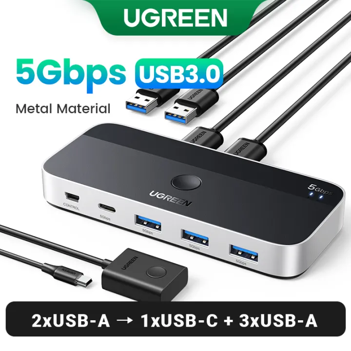 UGREEN USB 3.0 Switch 2 Computers Sharing USB C and A Devices, 4 Port USB Switcher Shareing Keyboard and Mouse, Printer Scanner USB Switch Hub for Two Computers with 2 USB3.0 Cables and Remote
