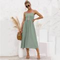 Women Spaghetti Strap Sleeveless Backless Solid Slim Madi Dress Summer New Casual Sling Big Swing Button Dresses Robe Femme. 