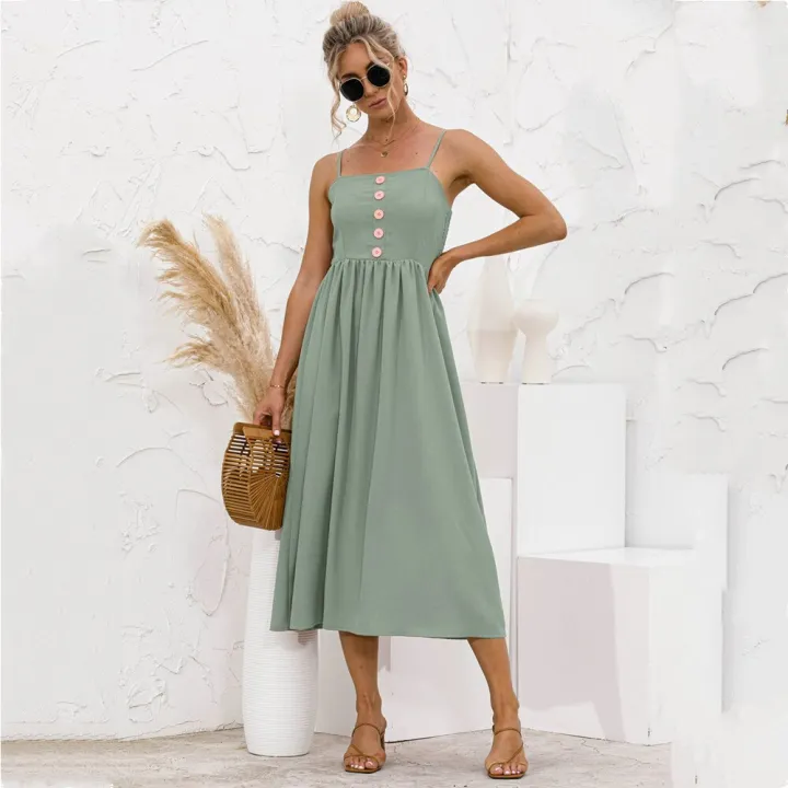 Women%20Spaghetti%20Strap%20Sleeveless%20Backless%20Solid%20Slim%20Madi%20Dress%20Summer%20New%20Casual%20Sling%20Big%20Swing%20Button%20Dresses%20Robe%20Femme%20-%20Image%204