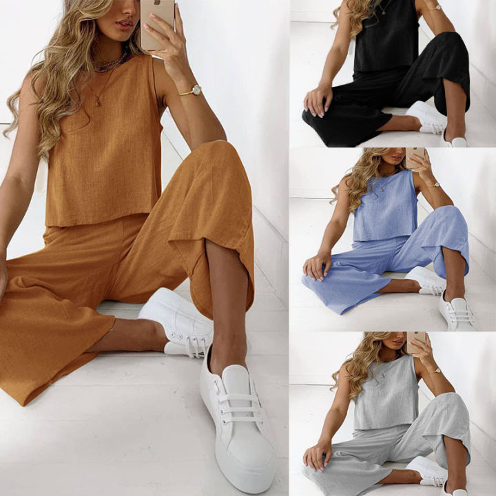 Lounge Wear Ladies Casual 2pcs Pants Set Home Clothes Wide Leg Linen Cotton Two Piece Pants Women's Homewear Sets