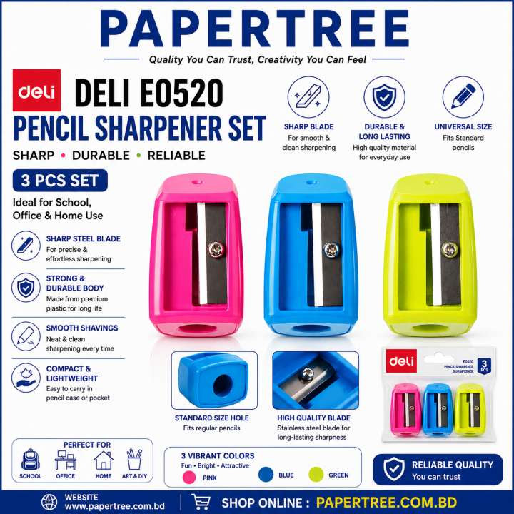 Deli E0520 Pencil Sharpener 3 Pcs Set Sharp & Durable Pencil Sharpener for School & Office