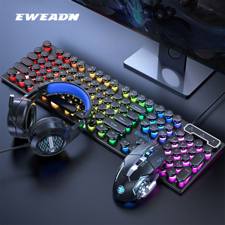 Eweadn GX330 Wired Keyboard Mouse Set ABS Keycaps Retro Punk Gaming Keyboard Mouse Headphones Family Office PC Gamer Laptop Gift