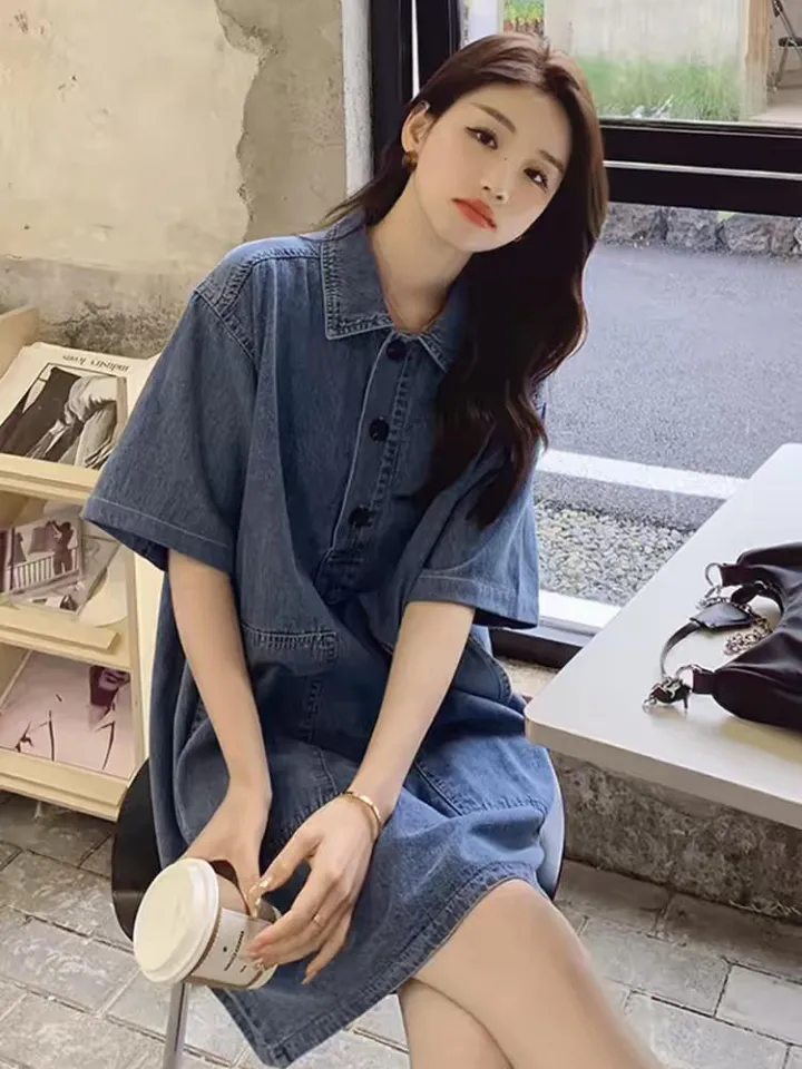 Large Size Loose Dress Summer Thin Denim Dress Mid-Length Korean Style Hong  Kong Style High-End Pregnancy Can Also Be Worn | Daraz.com.bd