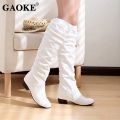 WinterWoman Shoes Boots Platform Rubber Boots Black White Low Heel Knee Boots Autumn Lady Heel Shoes Knee High Shoes.