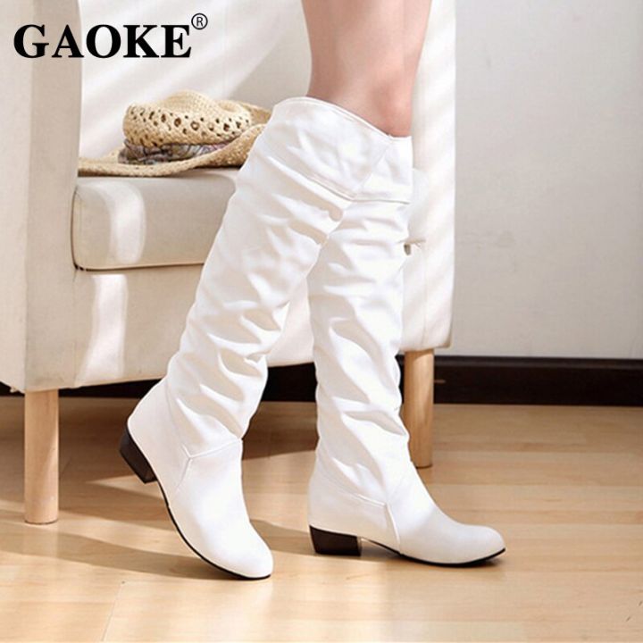 WinterWoman Shoes Boots Platform Rubber Boots Black White Low Heel Knee Boots Autumn Lady Heel Shoes Knee High Shoes