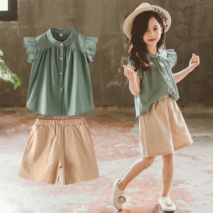 Baby Summer Suits for Girl Short Sleeve Blouse +Shorts 2 Piece Set Child Wid-leg Short Pants Kids Cotton Outfits Clothes