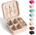 Travel Jewelry Box, Pink 3.9x3.9x1.9in PU Leather Small Jewelry Organizer for Women Girls Zipper Portable Square Travel Case for Stud Earrings, Rings, Necklaces, Bracelets. 