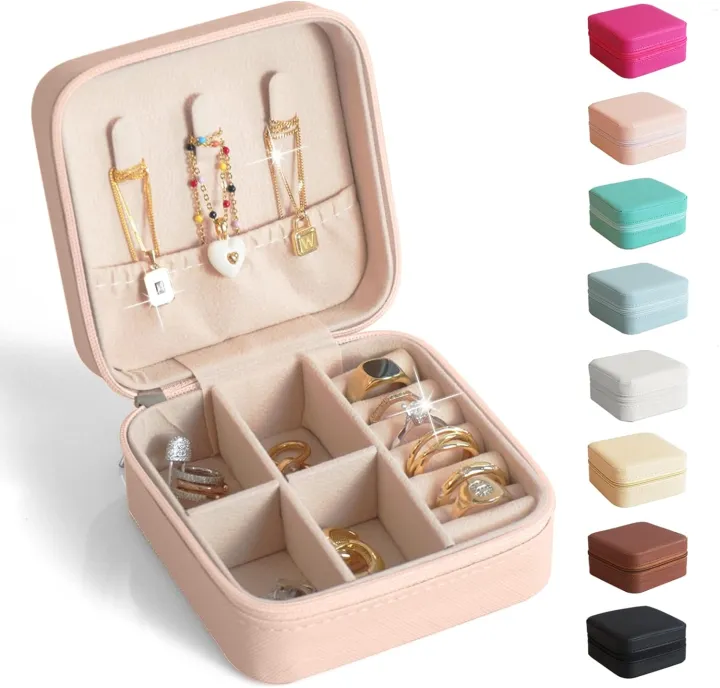 Travel%20Jewelry%20Box,%20Pink%203.9x3.9x1.9in%20PU%20Leather%20Small%20Jewelry%20Organizer%20for%20Women%20Girls%20Zipper%20Portable%20Square%20Travel%20Case%20for%20Stud%20Earrings,%20Rings,%20Necklaces,%20Bracelets%20-%20Image%204