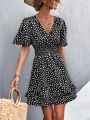 V Neck Mini Dress For Women Fashion Floral Slim Short Dresses Female Lotus Leaf Sleeve Elegant Dress Summer Vestido Mujer. 