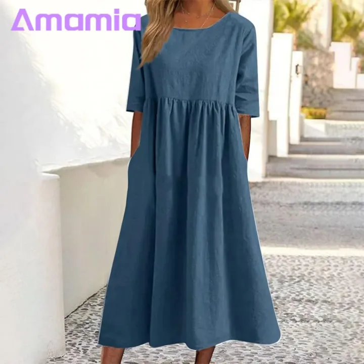 Amamia%20Casual%20Dress%20Pockets%20Women%20Pleated%20Flowy%20Hem%20Solid%20Midi%20Dress%20-%20Image%205