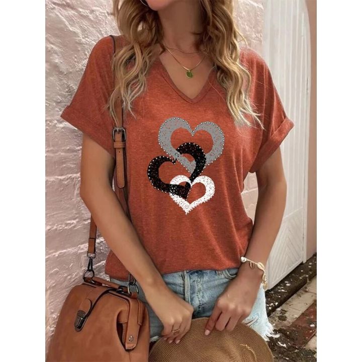 Fashion Ladies T-Shirt Short Sleeve Tops Heart Shape 3d Shirt Tees Girls O-Neck Oversized Apparel 2023 Summer Clothing Women's