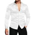 Men Shirt Satin Solid Color Turn-down Collar Autumn Shirt Long Sleeves Single-breasted Formal Shirt Buttons Men Prom Shirt. 