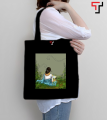 Customizely Illustrated bengali girl with saree Printed Black and White Canvas Tote Bag with Zipper for Girls.