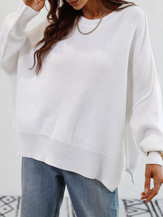 Funne%20eshopWomen%20Autumn%20Loose%20Knitwear,%20Solid%20Color%20Long%20Sleeve%20Round%20Neck%20Slit%20Hem%20Elegant%20Sweater%20-%20Image%205