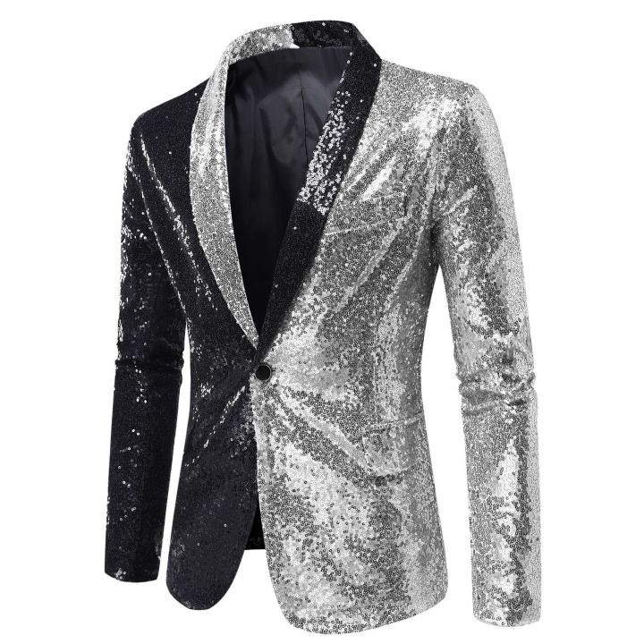 Mens Black Silver Sequins Tuxedo Blazers Stylish Shiny Shawl