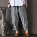 Oversize Women Striped Pants Elastic Waist Cotton Linen Pantalon Loose Long Harem Trousers Casual Baggy Streetwear.