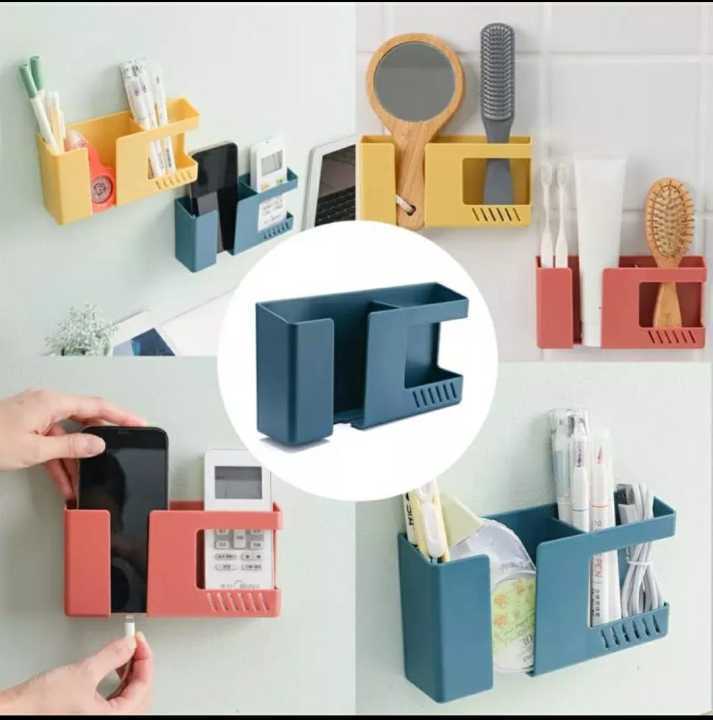 Multi-functional Wall mount phone charging holder stand with extra Storage Box, Remote Control holder, Mobile Phone Plug, Home Charging Shelf