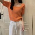 Short Sleeve Square Collar Top Women's Clothing New Spring and Summer Ice Silk Sweater Thin Slim Fit Slimming ins Tide. 