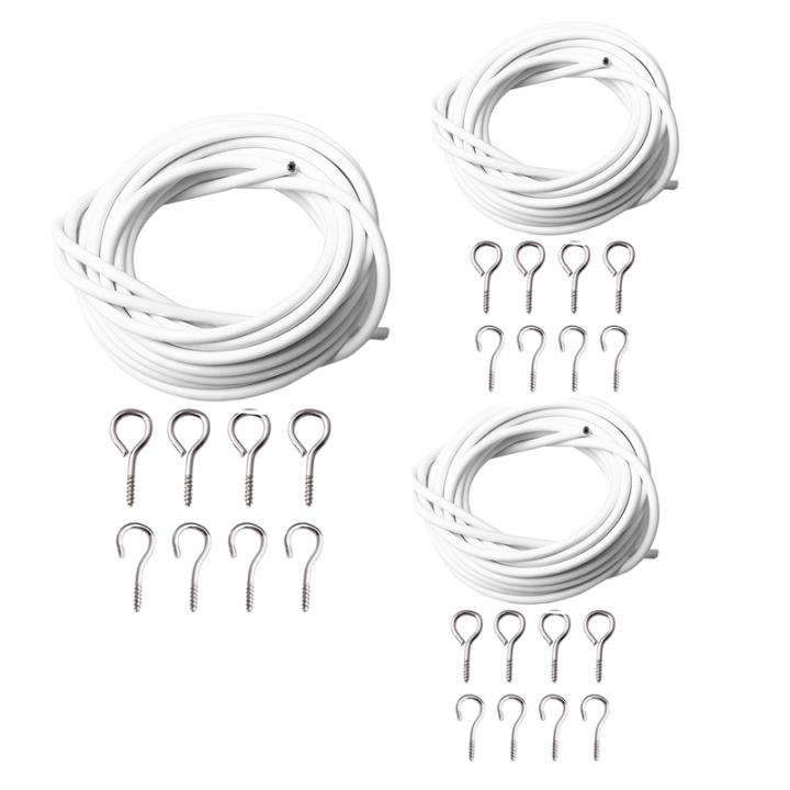 3X Curtain Wire and Hooks Set, 3 Meters Net Curtain Wirewith 8Pcs Screw-in Hooks for Net Curtain Rod