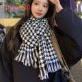 Women Black White Scarf Stylish Black White Plaid Print Scarf with Tassel Trim Warm Shawl for Women Versatile Long Scarf Wrap.