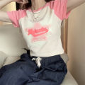 Pink chic Sweet Hot Girl Slimming and Tight Short Top Women's Summer French Minority Midriff-Baring Short Sleeve Shoulder T T-shirt.