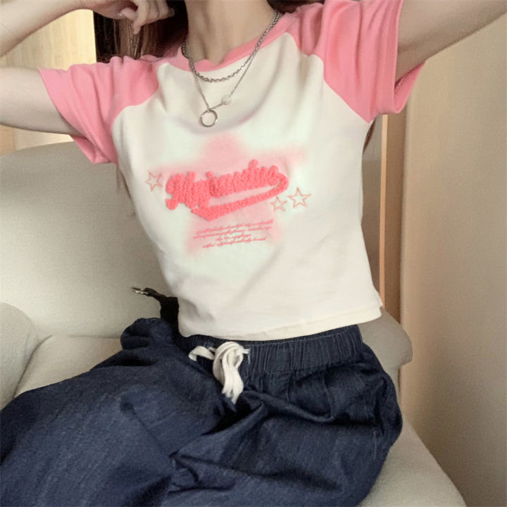 Pink%20chic%20Sweet%20Hot%20Girl%20Slimming%20and%20Tight%20Short%20Top%20Women's%20Summer%20French%20Minority%20Midriff-Baring%20Short%20Sleeve%20Shoulder%20T%20T-shirt%20-%20Image%204