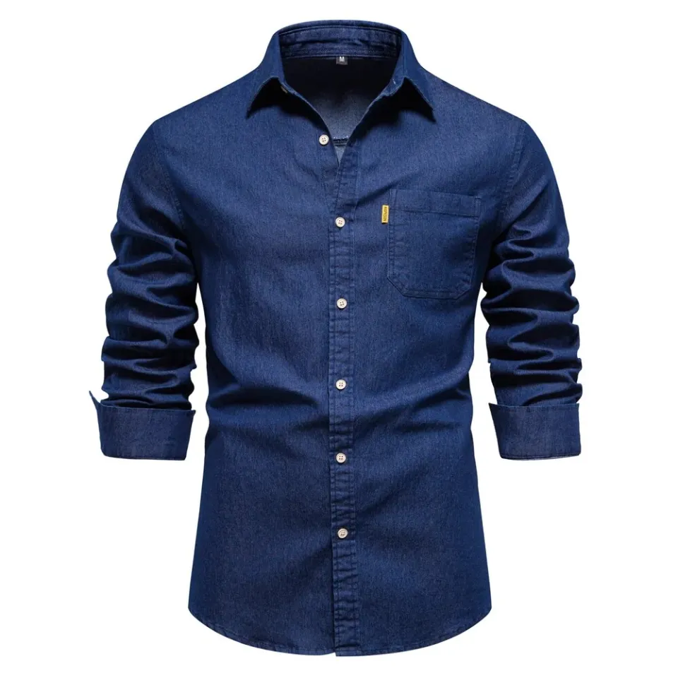 Autumn Cotton Denim Shirt Men Long Sleeve Solid Color Casual Slim