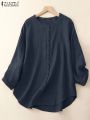 Women Vintage Long Sleeve Blouse Spring O Neck Casual Buttons Down Shirt Loose Tunic Tops Fashion Party Blusas Chemise. 