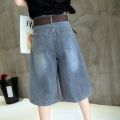 Summer Jean Shorts for Women High Waist Wide Leg Denim Short Pants with Pockets Female Blue Half Short Jeans.