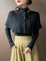 Korean Cloak Sweater 2 Piece Sets Fall Winter Retro Thick Mock Neck Knit Cape And Slim V-neck Pullover Women Warm Sweaters Tops.
