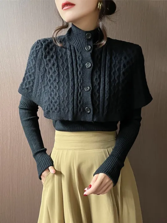 Korean%20Cloak%20Sweater%202%20Piece%20Sets%20Fall%20Winter%20Retro%20Thick%20Mock%20Neck%20Knit%20Cape%20And%20Slim%20V-neck%20Pullover%20Women%20Warm%20Sweaters%20Tops%20-%20Image%204