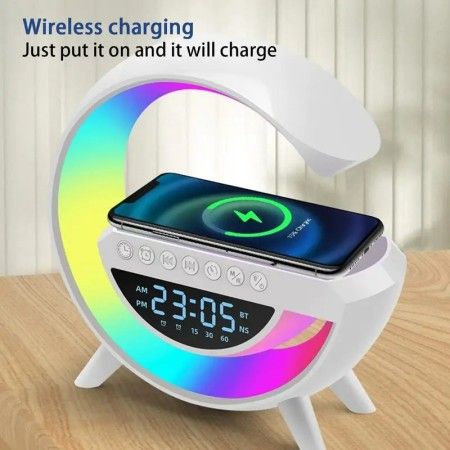 Wireless Charging Light Up Speaker G Shape LED Table Speaker Color Changing Alarm Clock Charger Stand Bedside Light (Charging only For Iphone)