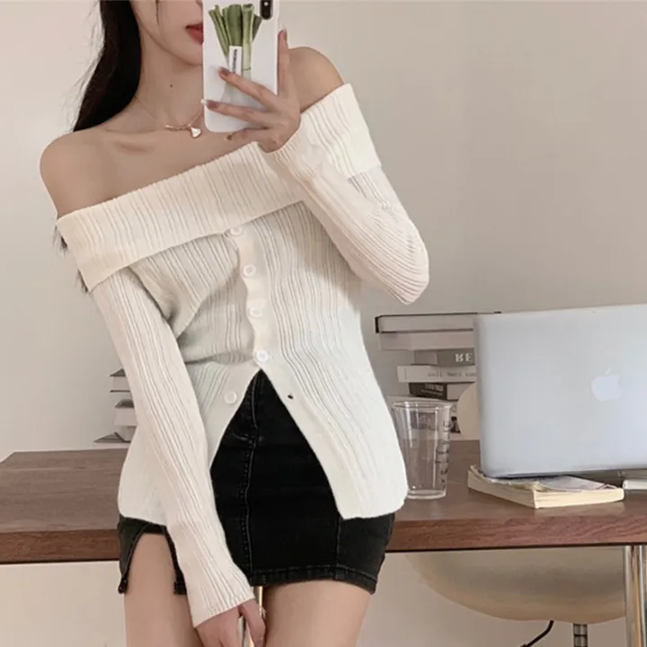 Women's%20Off%20Shoulder%20Sweater,%20Long%20Sleeve%20Solid%20Color%20Button%20Down%20Knit%20Jumper%20Tops%20-%20Image%203