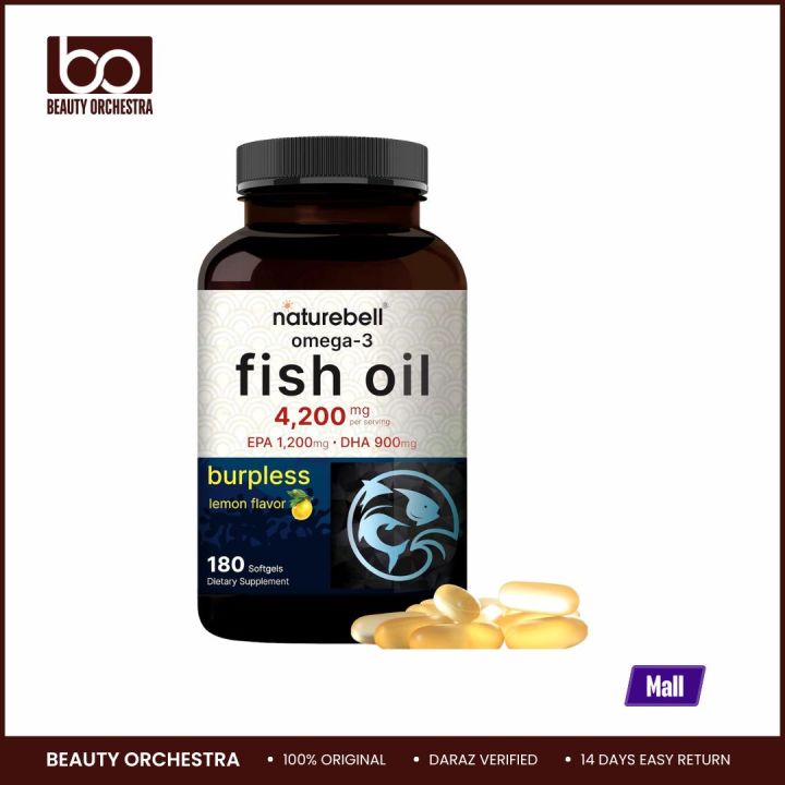 NatureBell Omega 3 Fish Oil 4,200mg Highly Purified EPA 1,200mg & DHA 900mg Lemon Flavored 180 Softgels