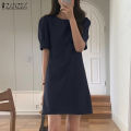ZANZEA Korean Style Women Holiday Party Solid Mini Dresses Office Work Puff Sleeve Sundress #10. 