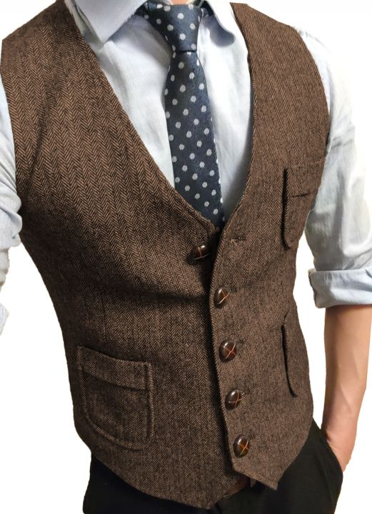 Men's%20Formal%20Suit%20Vest%20V-Neck%20Tweed%20Herringbone%20Waistcoat%20Business%20Dress%20Suit%20Vests%20for%20Wedding%20-%20Image%204