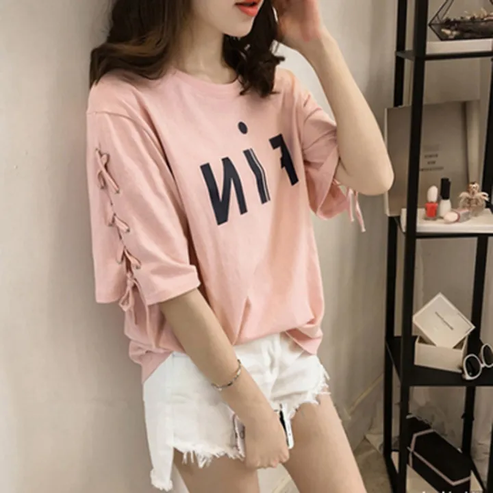 Letter%20Short%20Sleeve%20T%20Women's%20T-shirt%20200%20Jin%20Fat%20MM2021%20Summer%20Korean%20Style%20Women%20T-shirt%20Loose%20Tied%20Sleeve%20Top%20Half%20Sleeve%20-%20Image%202
