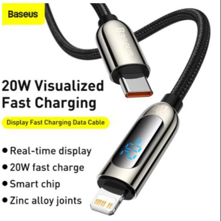 Baseus PD 20W LED display Type C to Lightning Data USB Fast Charging for Iphone 13 12 11 Pro Max - Cable Protector