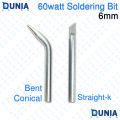 60W Soldering Iron Bit Set 6mm Bent Conical and Straight K Tip.