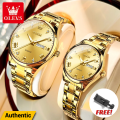 OLEVS 5563 Original Couple Watch Men Women Stainless Steel Quartz Waterproof Fashionable Casual Luxury Lover's Wristwatch - Golden. 