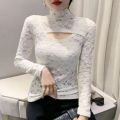 New Fashion Long Sleeve Lace Personality Hollow-out Slim Fit Slimming Versatile Half-High Collar Bottoming Shirt Women's Fashion.