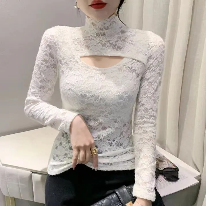 New%20Fashion%20Long%20Sleeve%20Lace%20Personality%20Hollow-out%20Slim%20Fit%20Slimming%20Versatile%20Half-High%20Collar%20Bottoming%20Shirt%20Women's%20Fashion%20-%20Image%205
